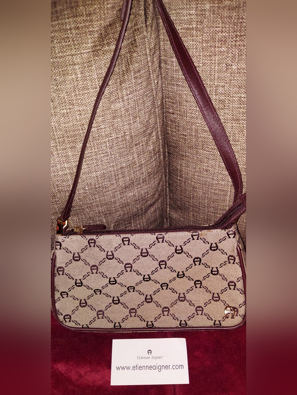 Etienne Aigner Beige Canvas Shoulder Bag with Burgundy Trim